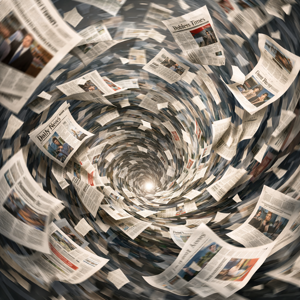 A whirlpool of newspapers and loose pages spinning inward