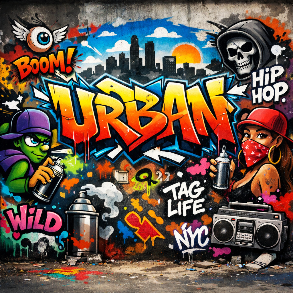 Graffiti mural with 'URBAN' lettering, hip hop elements, and cartoon characters spray painting
