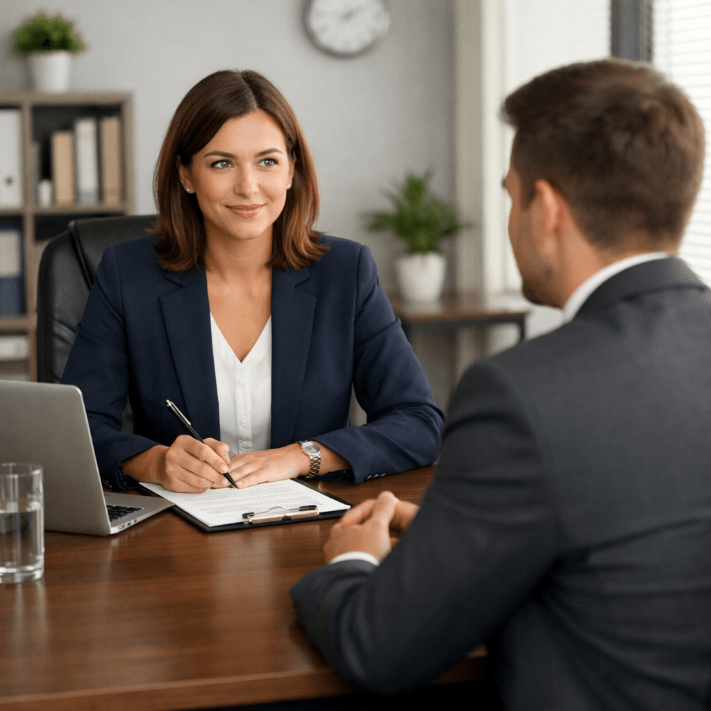 Woman in blazer taking notes while talking to man in suit during office meeting