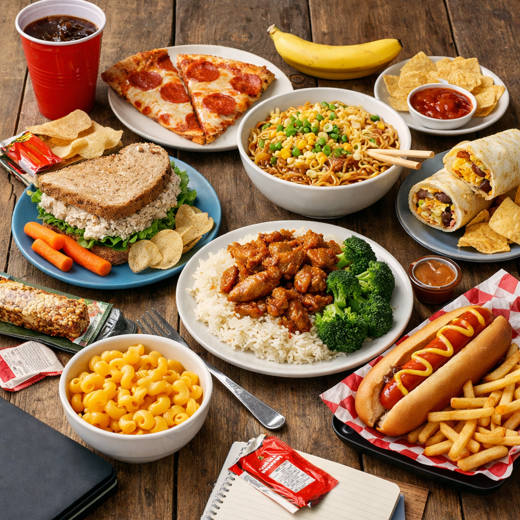 Plate of pepperoni pizza, bowl of noodle salad, chicken with rice and broccoli, sandwich with lettuce and chips, hot dog with fries, burritos, macaroni and cheese, banana, chips with salsa, and a drink.
