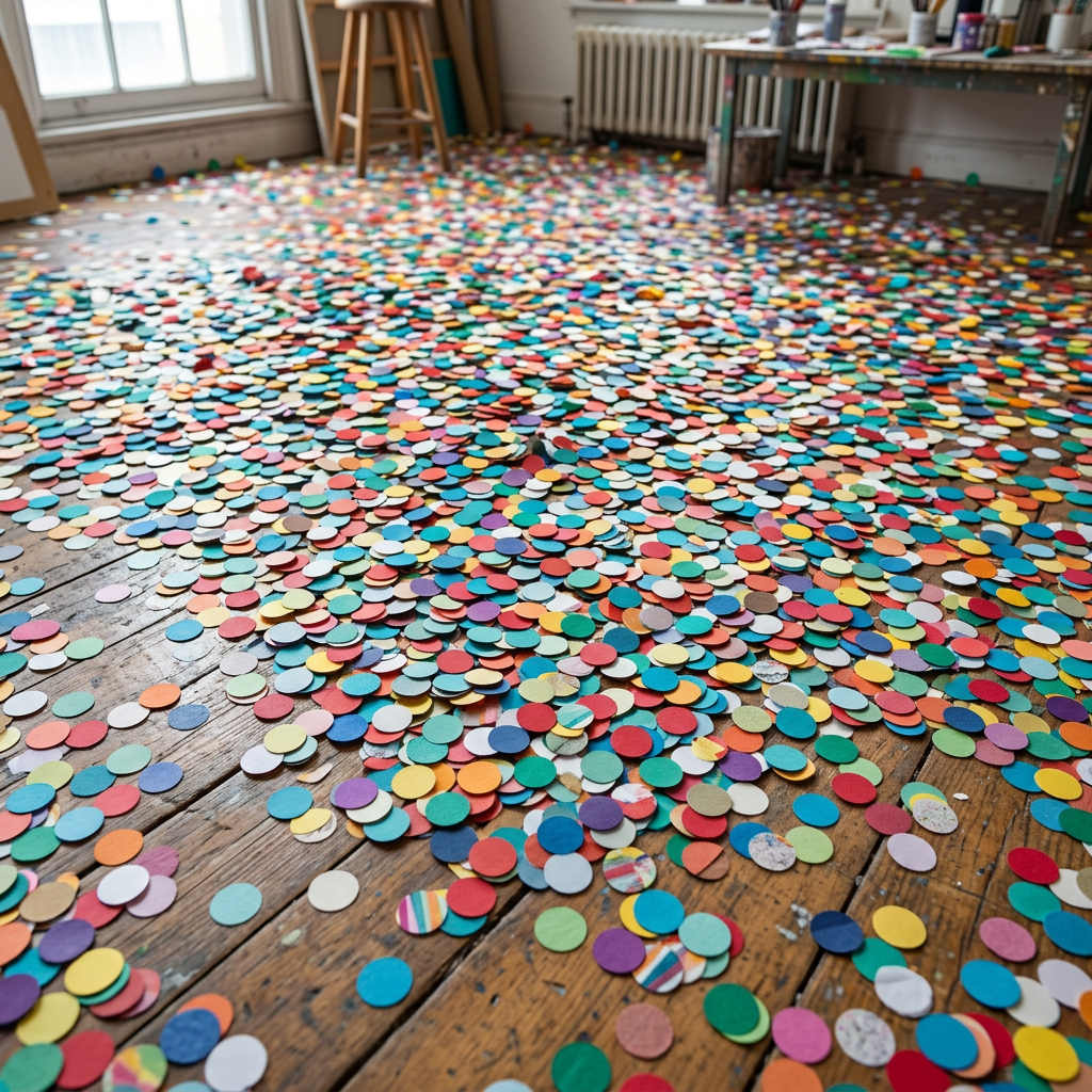 Thousands of paper circles scattered everywhere