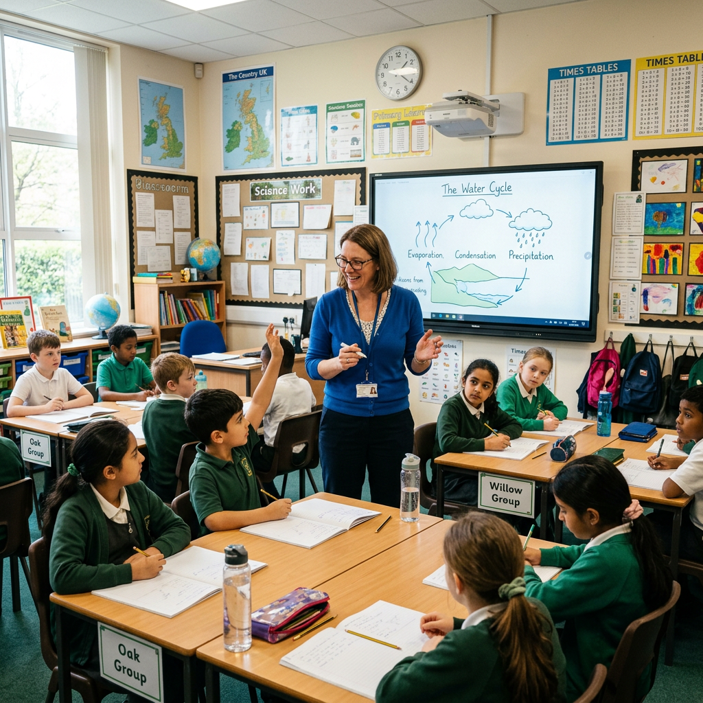 Teacher explaining the water cycle to a classroom of attentive students with notebooks open