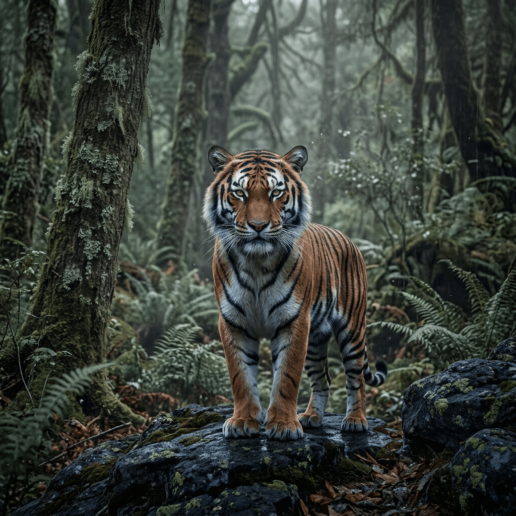 Tiger standing on a rocky outcrop with radiant cosmic and geometric patterns behind under a star-filled sky